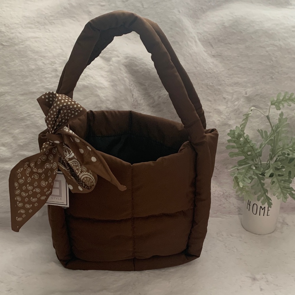 Quilted Puffer Tote in Chocolate Brown with Scarf Accent